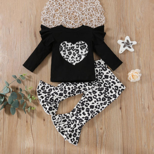 Girls Print Flying Sleeves Leopard Print Heart Long Sleeve Flared Pants Set Girl Clothes Wholesale