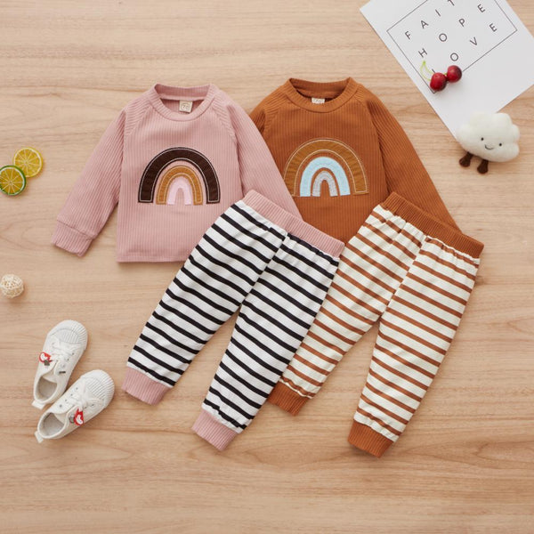 Children's Autumn Girls Long Sleeve Rainbow Cotton Sweater + Pants Set Wholesale Baby Clothes