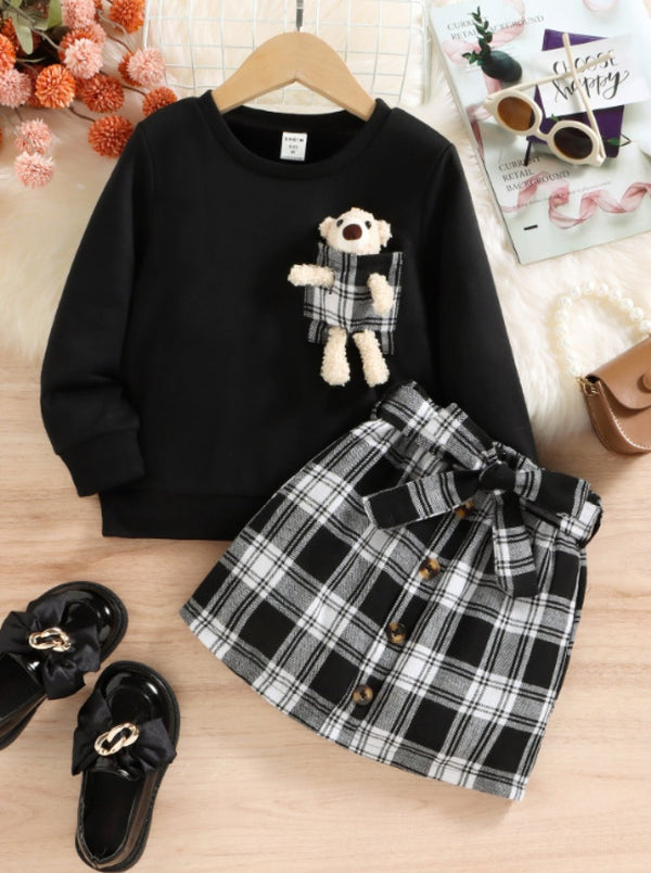 Toddler Girls Autumn Western-style Bear Sweater+ Skirt Set Wholesale Girls Clothes