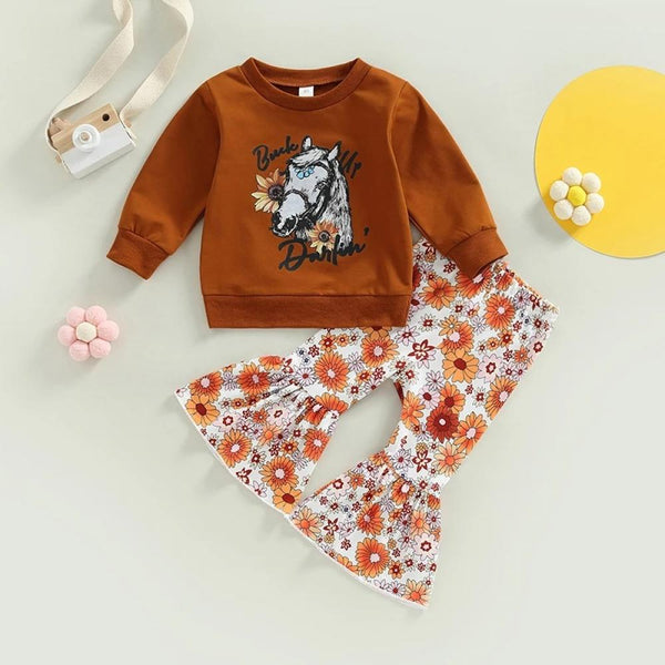 0-4T Baby Girl Autumn Cow Print Romper + Top + Flared Pants Wholesale Girls Clothes