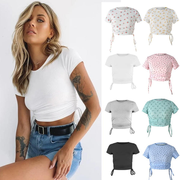 2022 Hot Style Printed Short-Sleeved T-shirt Women's Women's European and American Drawstring Umbilical Round Neck Casual Top Wholesale Women Clothes