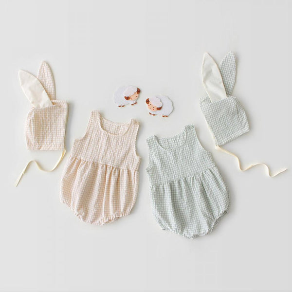 Baby Girls Summer Romper Plaid Sleeveless Romper Cute Rabbit Ear Hat Two Piece Jumpsuit Wholesale Baby Clothes