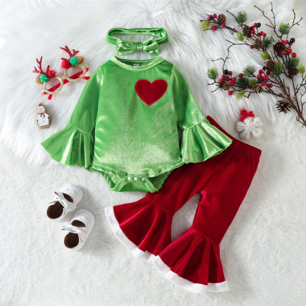 Christmas Heart Embroidered Romper Flared Trousers Headband Three-Piece Set Wholesale Baby Clothes