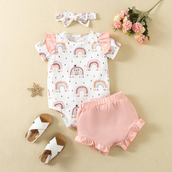 Infant & Toddler Summer Short Sleeve Rainbow Romper Shorts 3 Piece Set Wholesale Baby Clothes