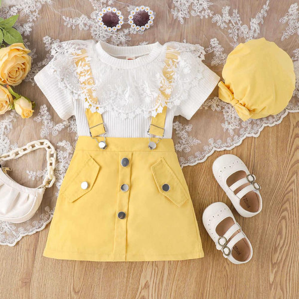 Summer Lace Collar Short-sleeved Top Strap Short Skirt Girls' Suit Wholesale Girls Clothing