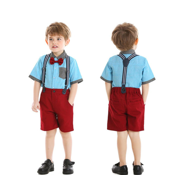Summer Color Matching Lapel Short Sleeve Cotton Shirt Boys Single-breasted Cardigan Straps Shorts Suit Wholesale