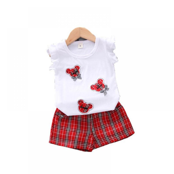 Toddler Girls Summer Fashion Suit Flying Sleeve Short Sleeve + Plaid Shorts Two-piece Set Wholesale Kids Clothing