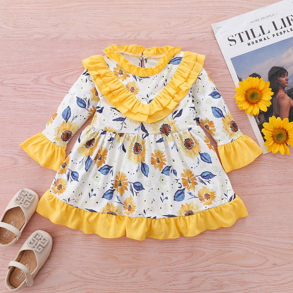 Spring and Autumn Infant Girls Long Sleeve Dress Ruffled Trumpet Long Sleeve Dress Wholesale Baby Girl Dress