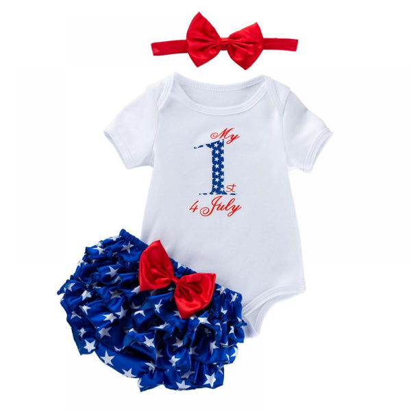Newborn Baby Girls 0-1-2Y New Independence Day Cartoon Letter Print Short Sleeve Romper + Star Print Bow-knot Shorts + Headband Three-piece Set Wholesale Baby Clothes