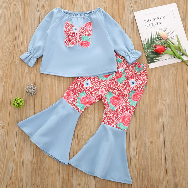 Autumn Girls One-shoulder Butterfly Embroidered Flared Pants Suit Wholesale Girls Clothes