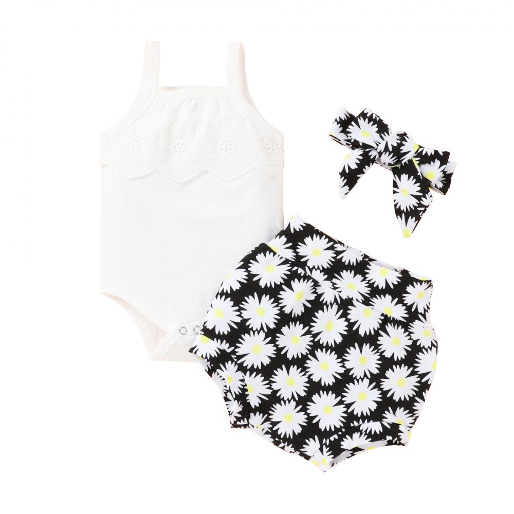 Newborn Baby Girls Summer Sleeveless Solid Sling Romper And Sunflower Floral Shorts with Headband Baby Wholesales