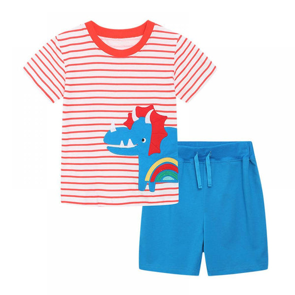 Summer Short Sleeve Suit Boys Cartoon Embroidered Round Neck Suit Wholesale Kids Clothes