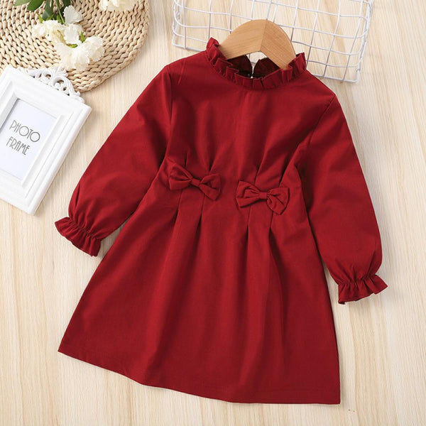 Red Long Sleeve Bow Knot Toddler Girls Dress Wholesale