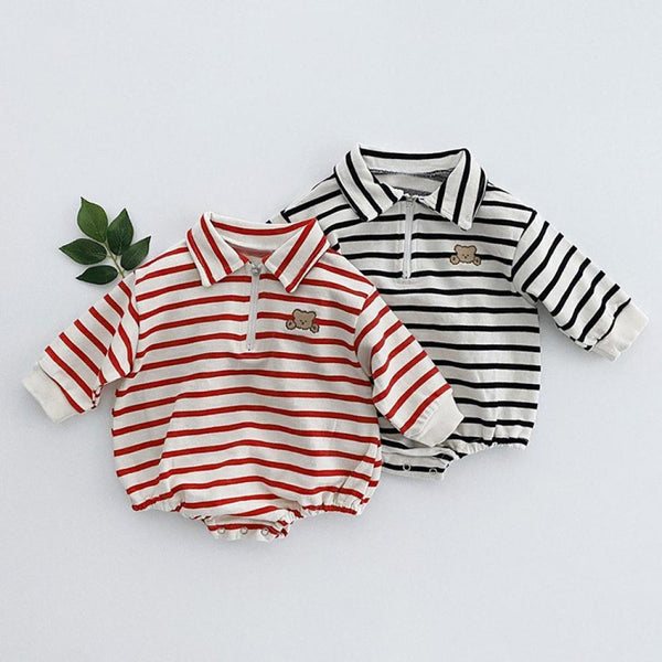 Bear Embroidered Shirt Collar Baby Girls Striped Jumpsuit Boys Autumn Bag Fart Clothes Wholesale Baby Clothes