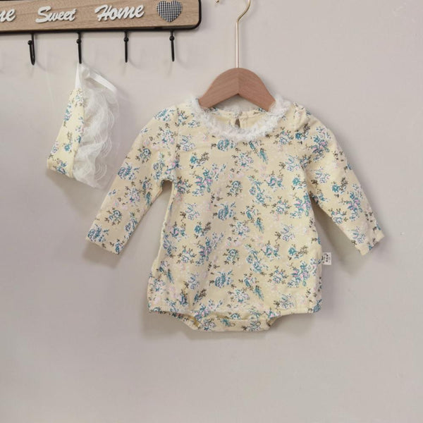 3-18M Autumn Floral Long-sleeved Romper Baby Girl Lace Romper With Hairband Wholesale Girl Clothing