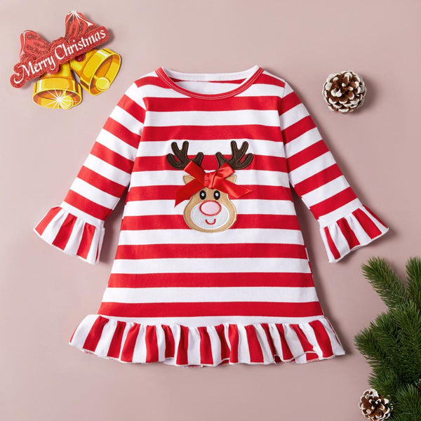 Christmas Cotton Striped Long Sleeve Ruffle Dress Baby Dress Wholesale