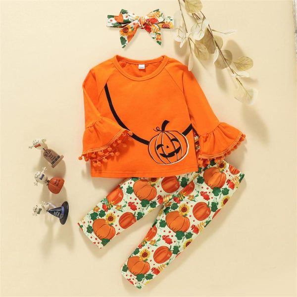 Newborn Baby Girls Pumkin Top and Pants Headband Set Baby Boutique Clothes Wholesale