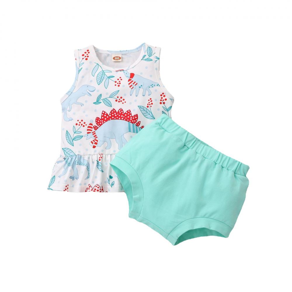 Baby Girls Summer Sleeveless Dinosaur Printed Top and Shorts Set Wholesale Clothing Baby