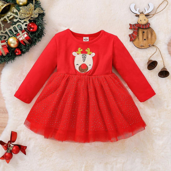 Christmas Baby Cute Long-sleeve Mesh Dress Wholesale Girls Dress