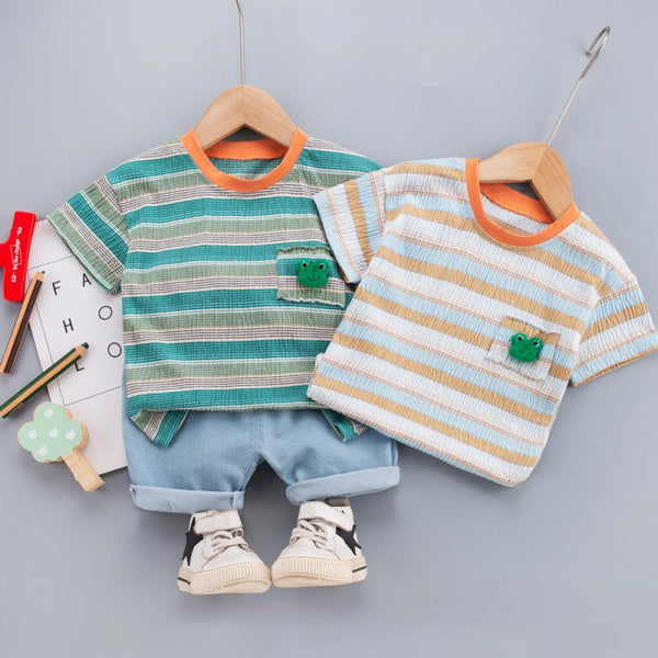 Unisex Summer Stripe Baby Boys Frog Top and Pants Set Wholesale Little Girl Boutique Clothing