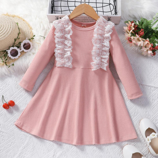 Children's Autumn and Winter Lace Flower Print Waist A-Line Skirt Wholesale Girls Dress