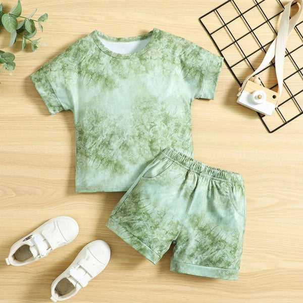 Light Green Tie-dye Short Sleeve Shorts Set Wholesale Kids Boutique Clothing