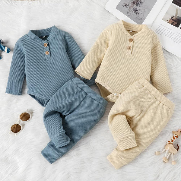 Autumn Waffle Solid Color Romper Boys Two-piece Set Baby Clothes Wholesale