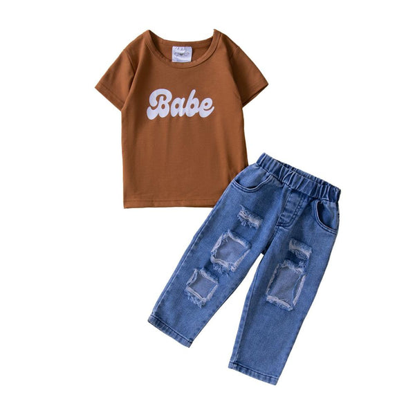 Summer Boy Casual Suit Short Sleeve Letter Top+ Trend Hole Jeans Pants Boy Wholesale Clothing