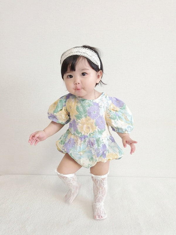 Girls Big Flower Bag Fart Skirt Puff Sleeve One Piece Summer Wholesale Baby Clothes