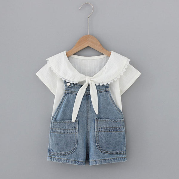 Toddler Girls Summer Solid Top and Suspenders Overalls Set Wholesale Little Girl Clothing