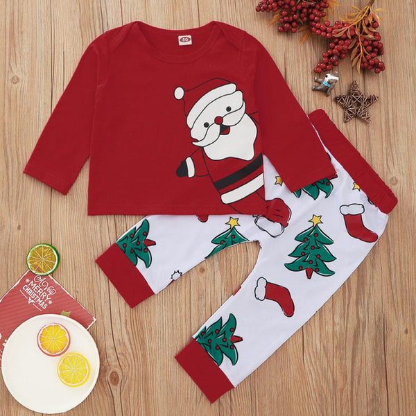 Red Santa Print Christmas Shirt + Trousers Kid Suit Baby Clothes In Bulk