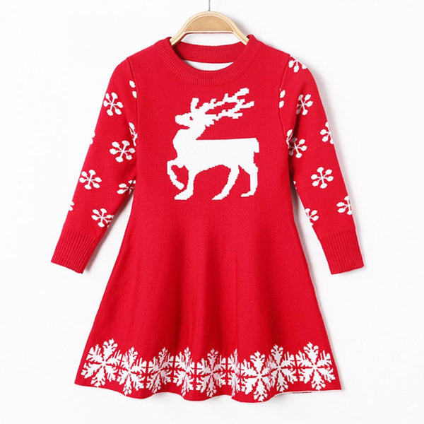 Girls Dress Christmas Sweater Fawn Jacquard Dress Wholesale