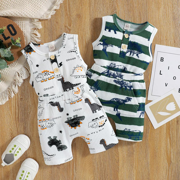 New Spring And Summer Boys' Dinosaur Print Striped Vest Shorts Two-Piece Suit Wholesale Kids Clothes