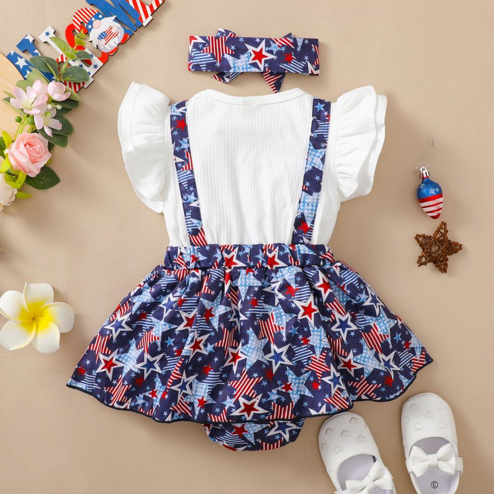 Independence Day Baby Girl Baby Flying Sleeve Fake Two Sets Of Romper Strap Dress Wholesale Baby Clothes