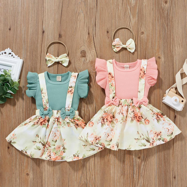 Infant Girls' Clothing Cotton Pit Strip Flying Sleeve T+ Bow Print Suspender Skirt Suit Wholesale Kids Clothing