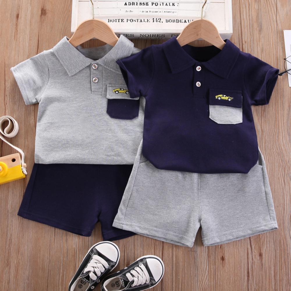 Toddler Boys Set Summer Car Embroidery Leisure Top and Shorts Kids Boutique Wholesale