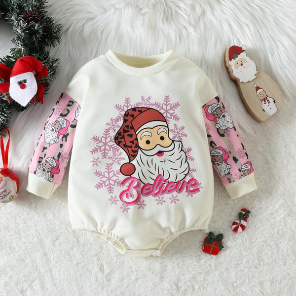Autumn Christmas Romper Santa Head Print Color-block Romper Wholesale Baby Clothes