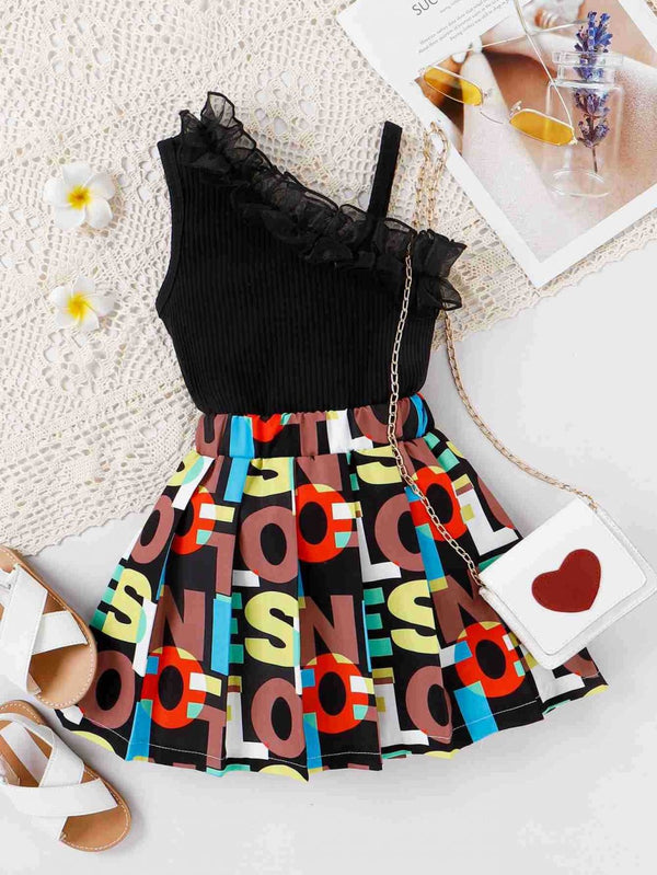 Summer Suspender Shoulder Lace Letter Pleated Skirt Girls Suit Wholesale Boutique Clothing