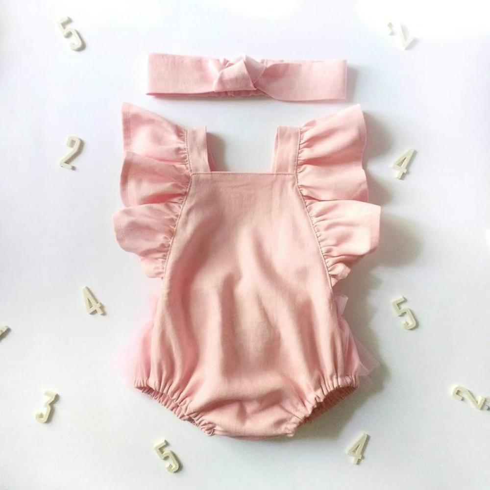 0~2Y Ins Hot Summer Newborn Cotton Linen Romper Solid Color Mesh Bow Baby Romper Wholesale Baby Clothes