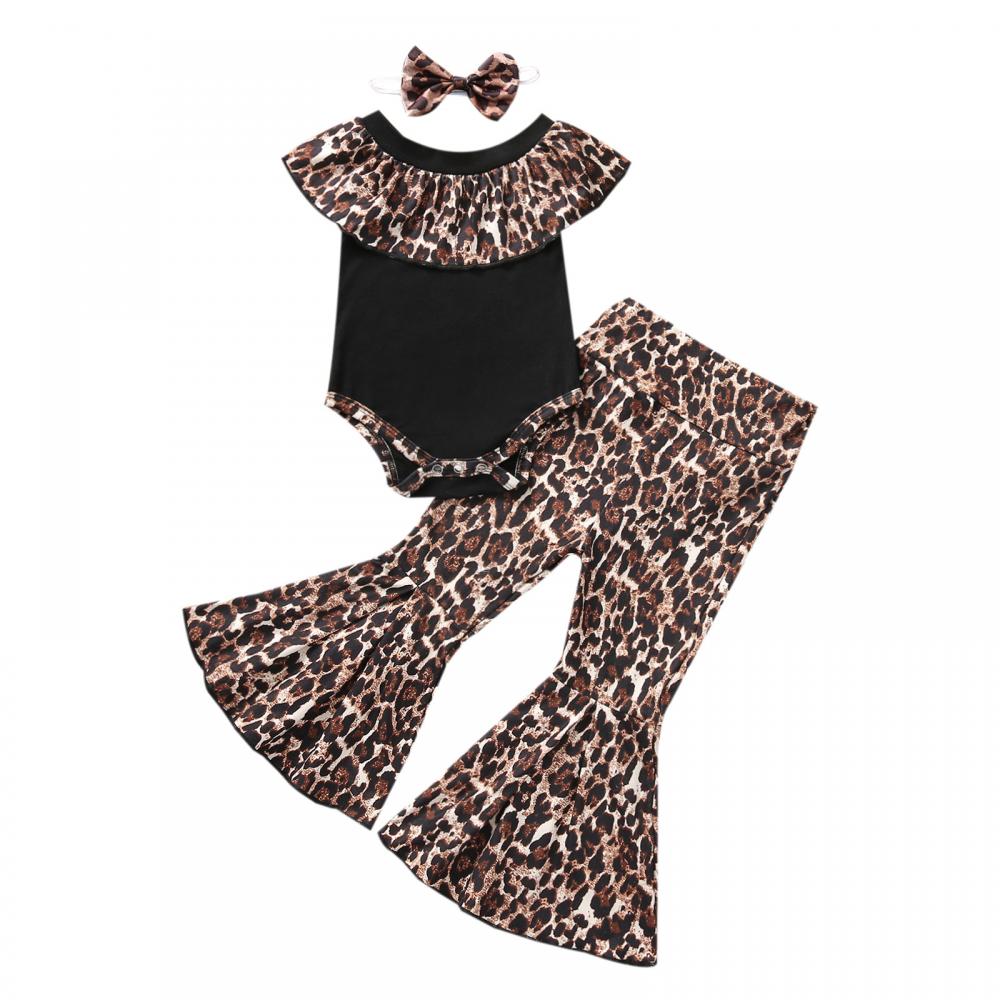 Baby Girls Summer Set Leopard Romper and Bell Bottoms Flared Pants Babywear Wholesale