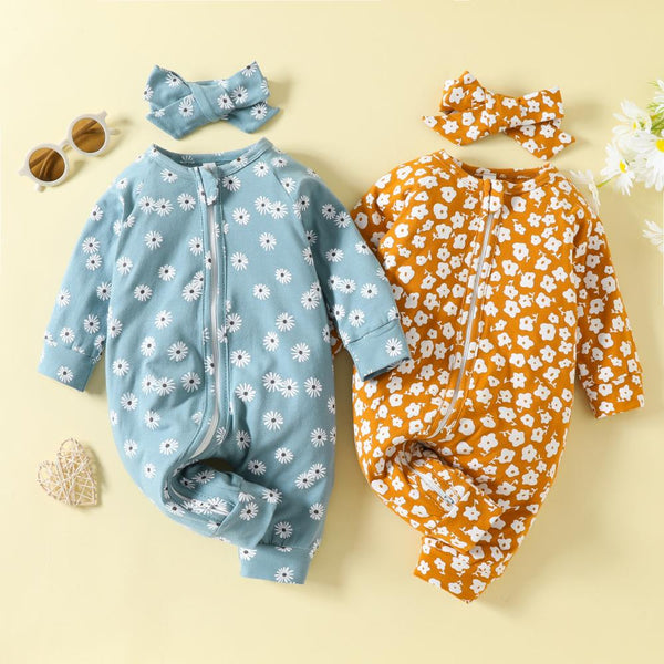 Baby Autumn Floral Print Romper Headband Two-piece Set Wholesale Baby Clothes