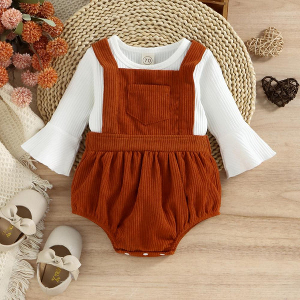 Autumn and Winter Girls Treasure Trumpet Sleeve Corduroy Straps Triangle Romper Set Wholesale Girls Clothes