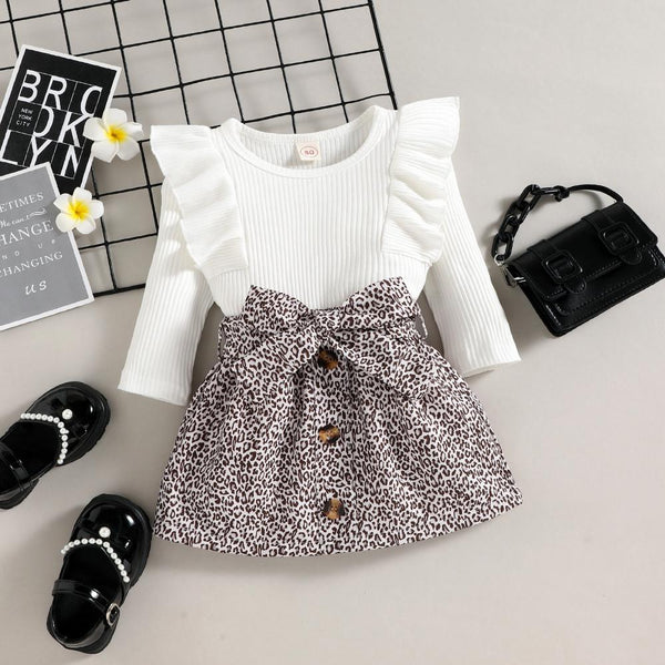 Toddler Girls Autumn And Winter Ruffled Long-sleeved Leopard Print Skirt Set Wholesale Girls Clothing