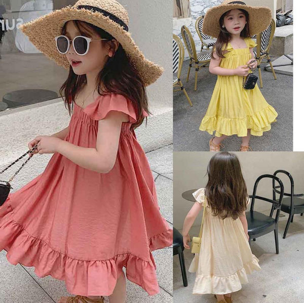 3-8T Girls Summer Solid Color Fly Sleeve Dress Baby Girl Clothes Wholesale
