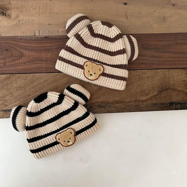 Autumn And Winter Children's Knitted Hat For Boys And Girls Striped Bear Head Wool Hat Wholesale