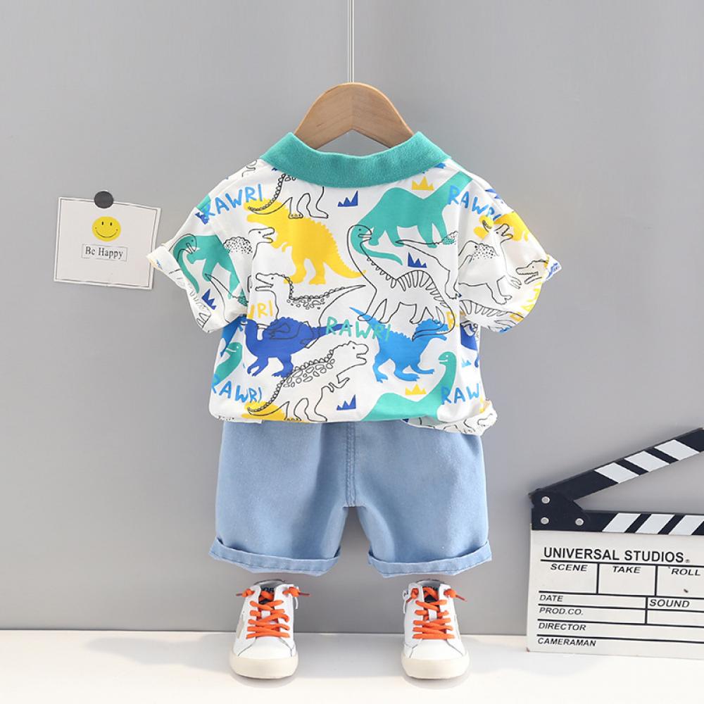 Neutrals Baby Boys And Girls Summer Set Dinosaur Printed Lapel POLO T-shirt and Jean Shorts Boy Clothing Wholesale