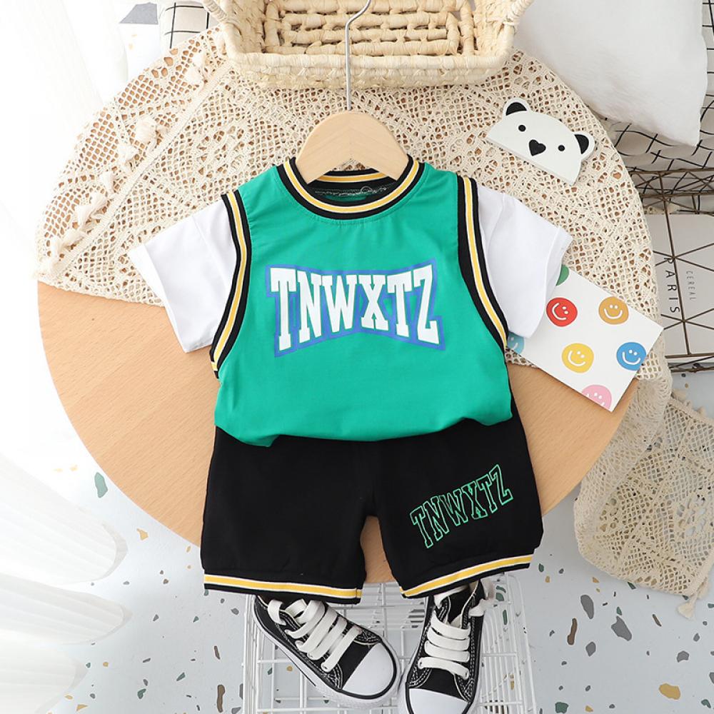 Boys' Casual Cartoon Fashion Basketball Short Sleeve Sweat Top and Shorts Two-piece Set Baby Boy Wholesale Boutique