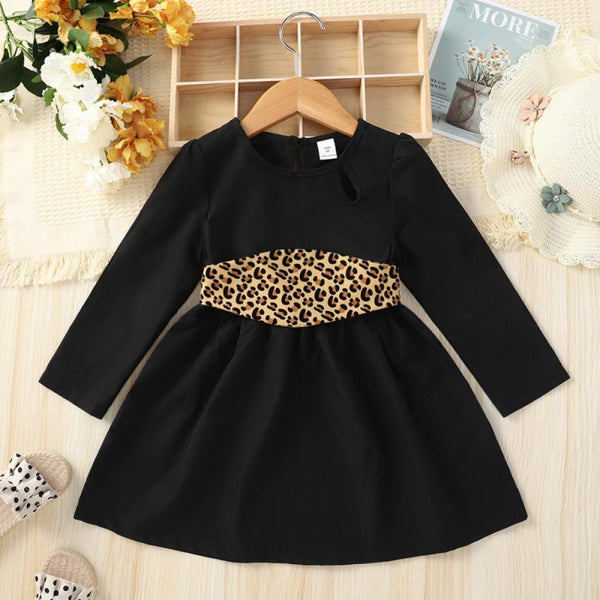 Black Long Sleeve Leopard Print Belt Girls Dress Wholesale
