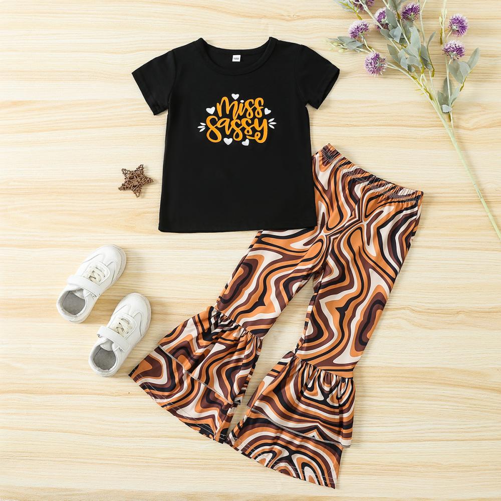 Toddler Girl Sets Summer  Alphabet Print Top Flared Trousers Suit Fashion Suitable for 2Y-7Y Wholesale Kids Clothing Suppliers