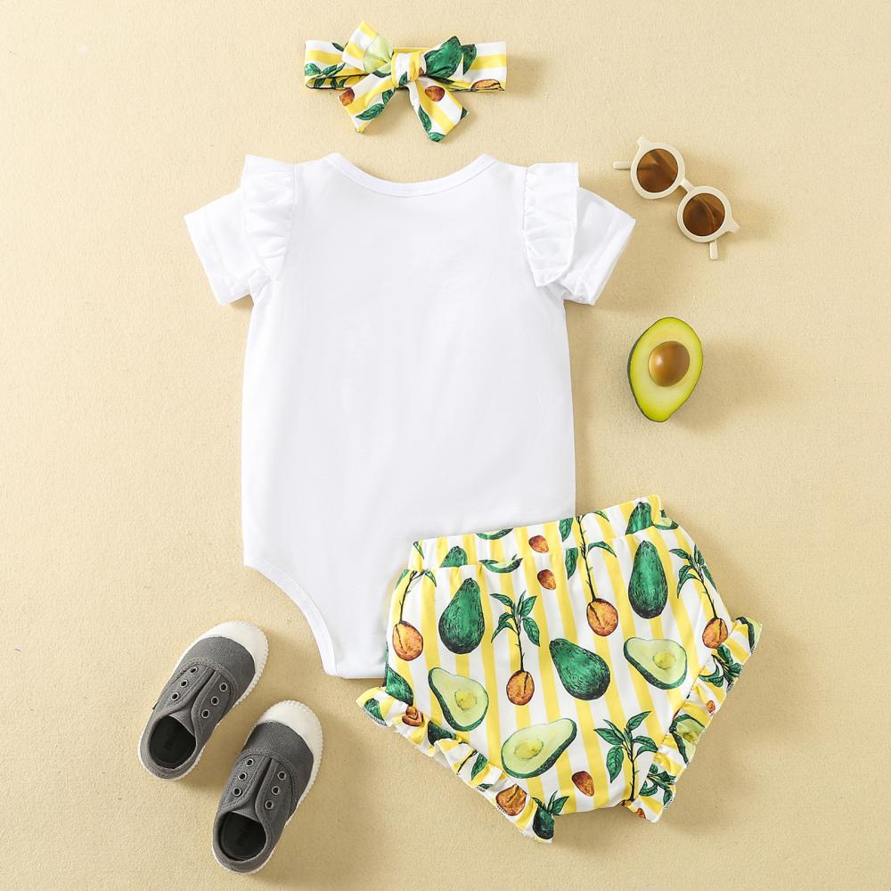 Baby Girls Summer Letter Romper and Avocado Shorts With Headband Set Baby Wholesales